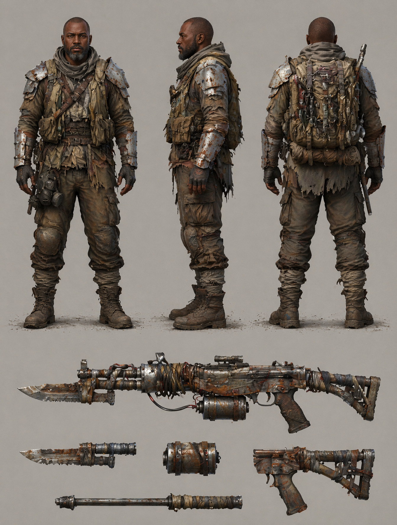 Character Design Post-apocalyptic scavenger character featuring a modul…