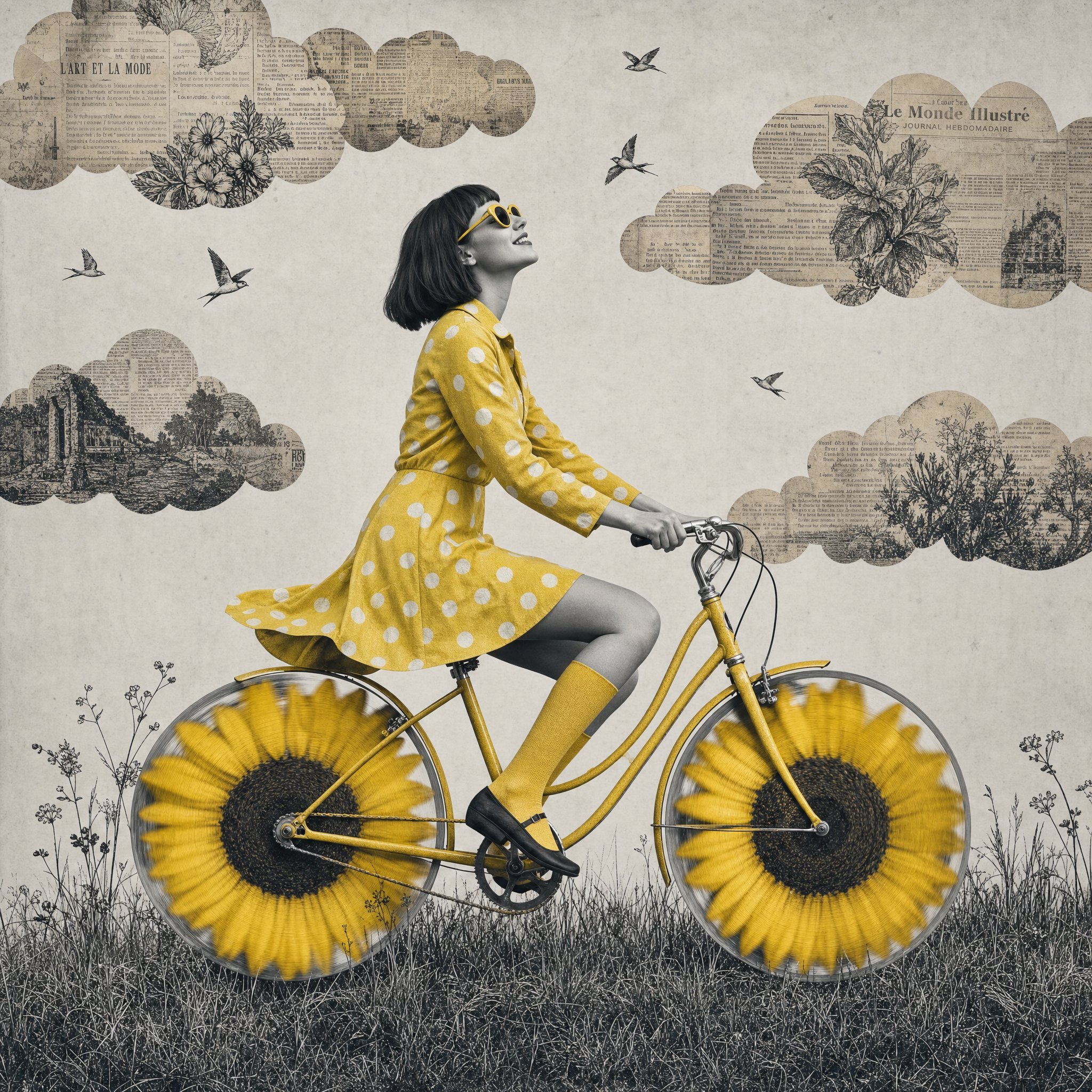 Surreal mixed-media collage artwork, black and white photograph of youn…