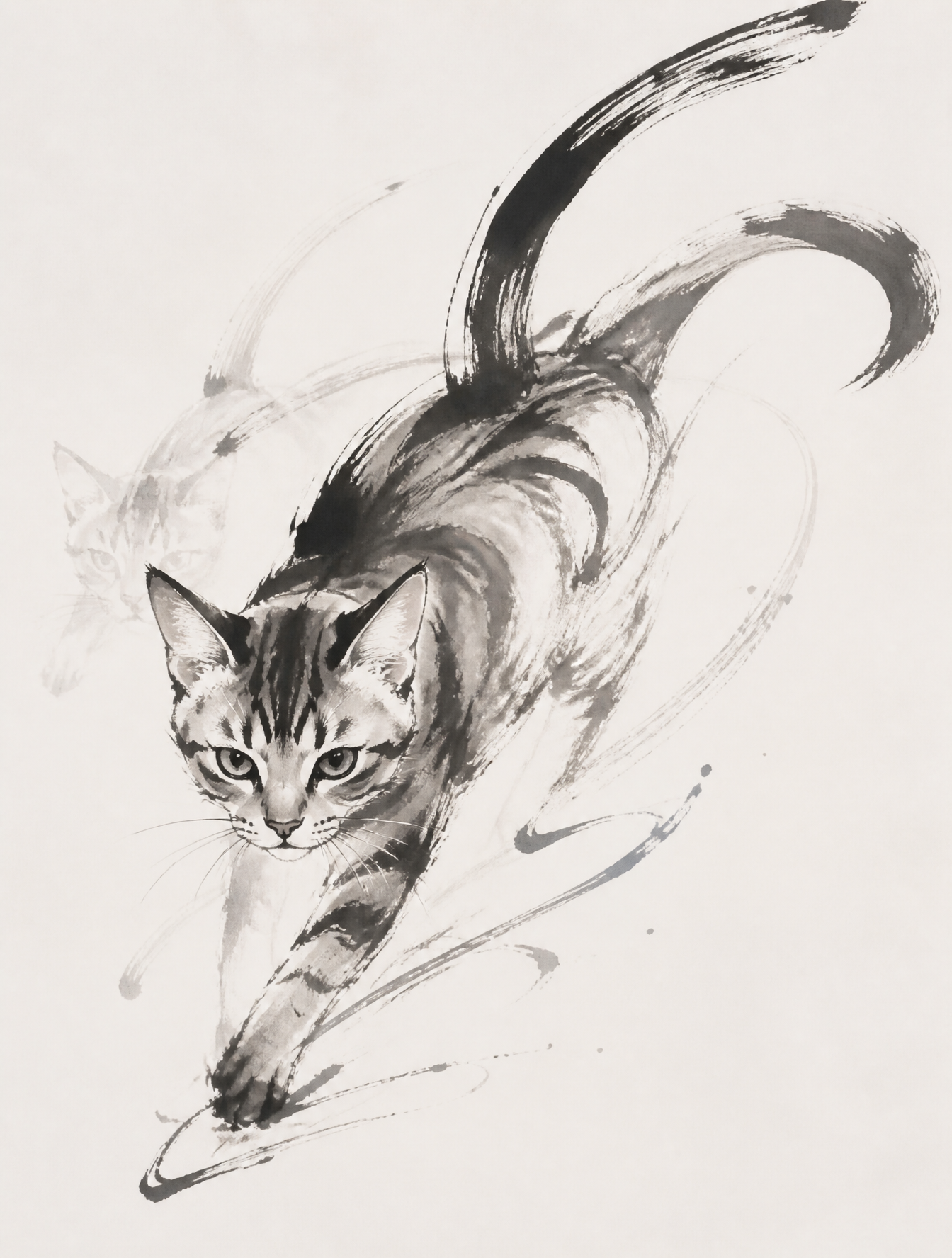 猫。毛色、斑纹、年龄、体态、体型、品种特征、神态与动作自然随机生成。无字。可能是幼猫、成猫或老猫；短毛、长毛或蓬松毛发；可能奔跑、跳跃、回首、…