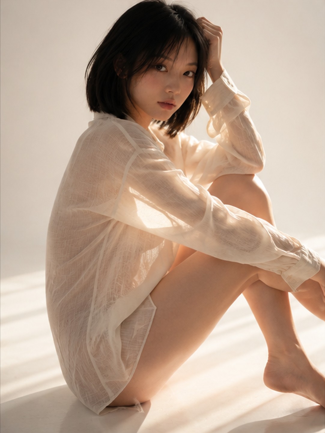 grok fast mode （雖然她還是看著鏡頭） 半身像，拍攝膝蓋以上。一名23歲日系女性，只穿著寬鬆的亞麻襯衫側身站立，眼睛不看鏡頭，若… 2