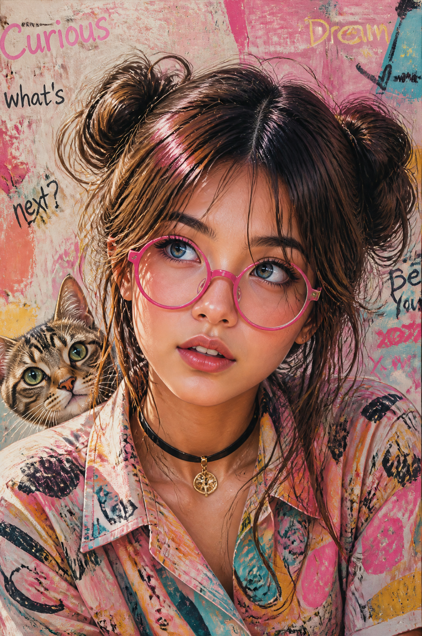 A girl with big expressive blue eyes, wearing bright pink round glasses…