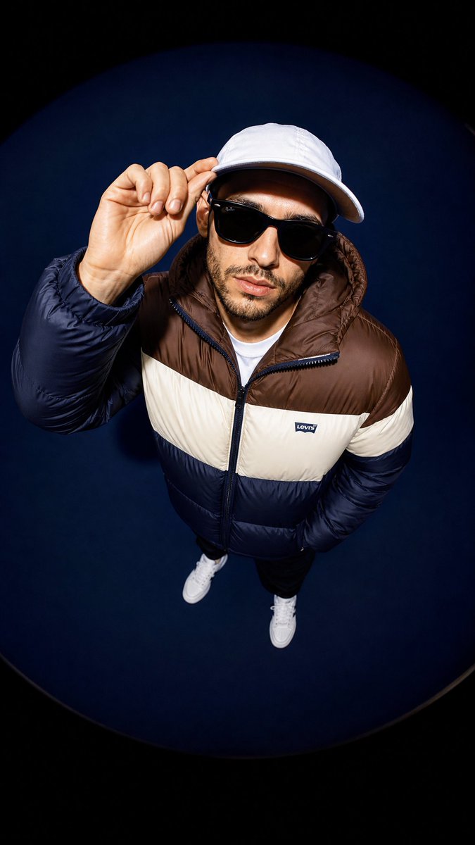 A high-angle fisheye lens shot of a male model looking up at the camera…