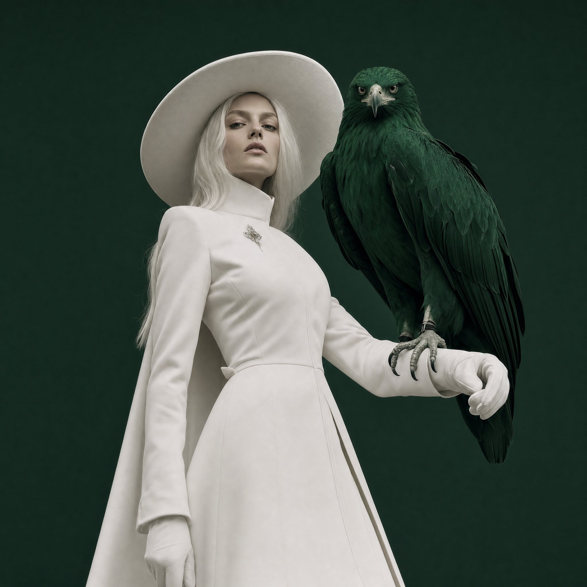 Surreal fashion editorial portrait, woman in full white wide-brim hat a… 3