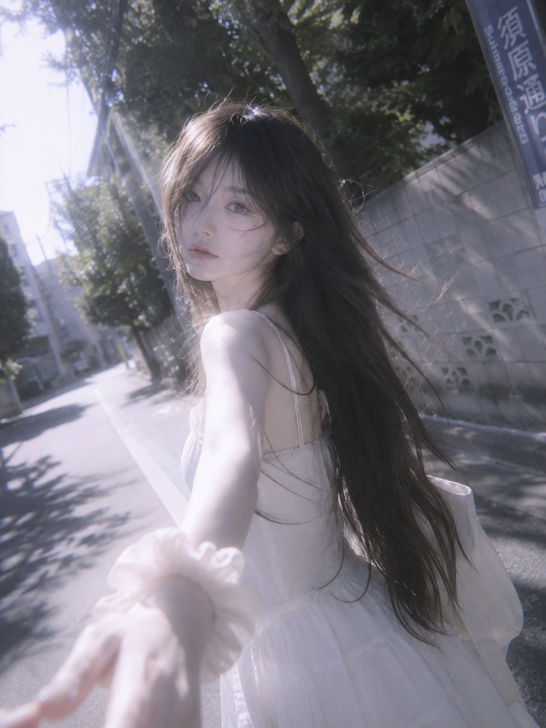A surreal doll-like young woman with waist-length flowing hair, capture… 1