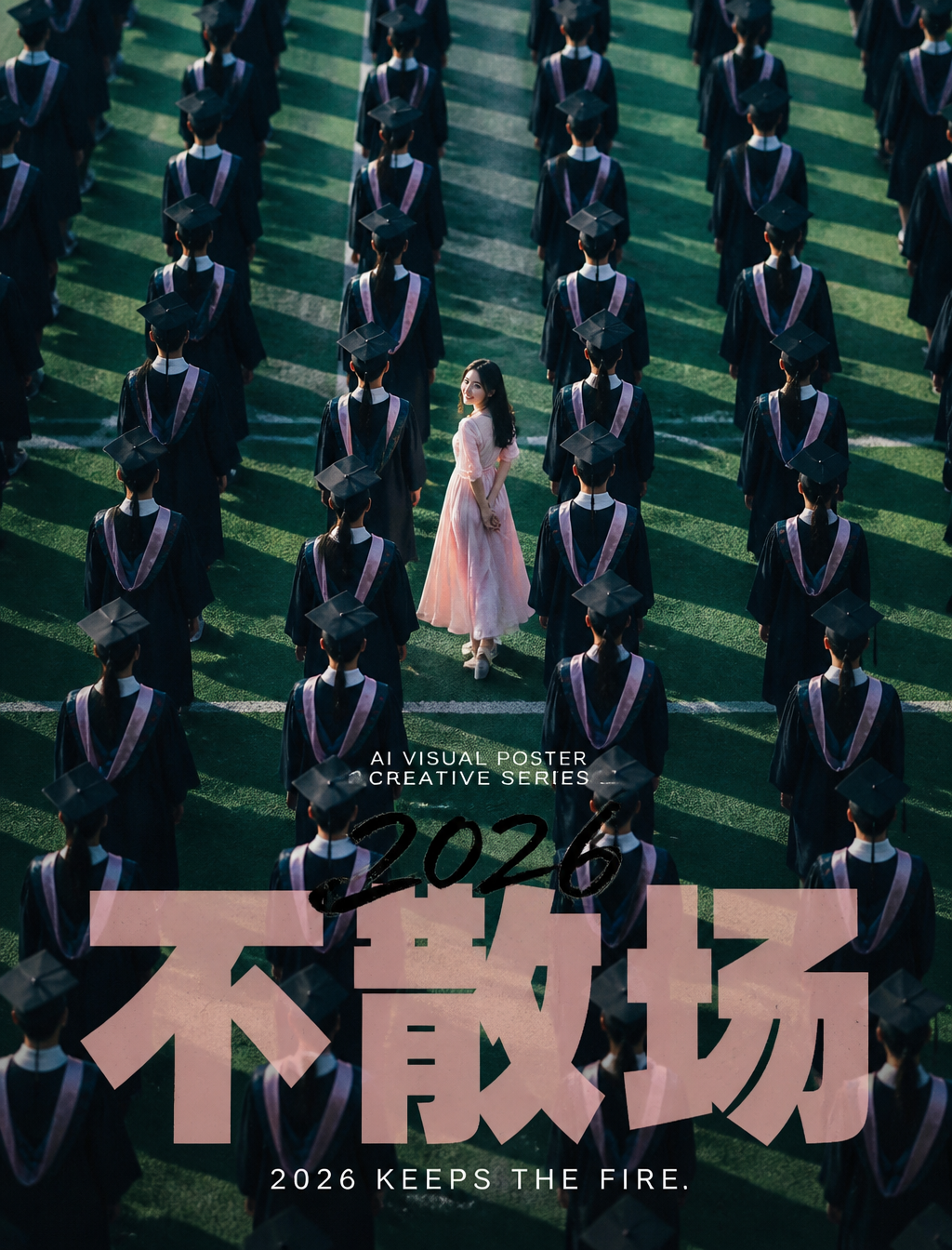 生成一张竖版 3:4 的成品概念海报。画面采用高角度俯视构图，主体是大量重复出现的穿藏青色学士服的毕业生，他们整齐排列在绿色操场上，形成强烈的…
