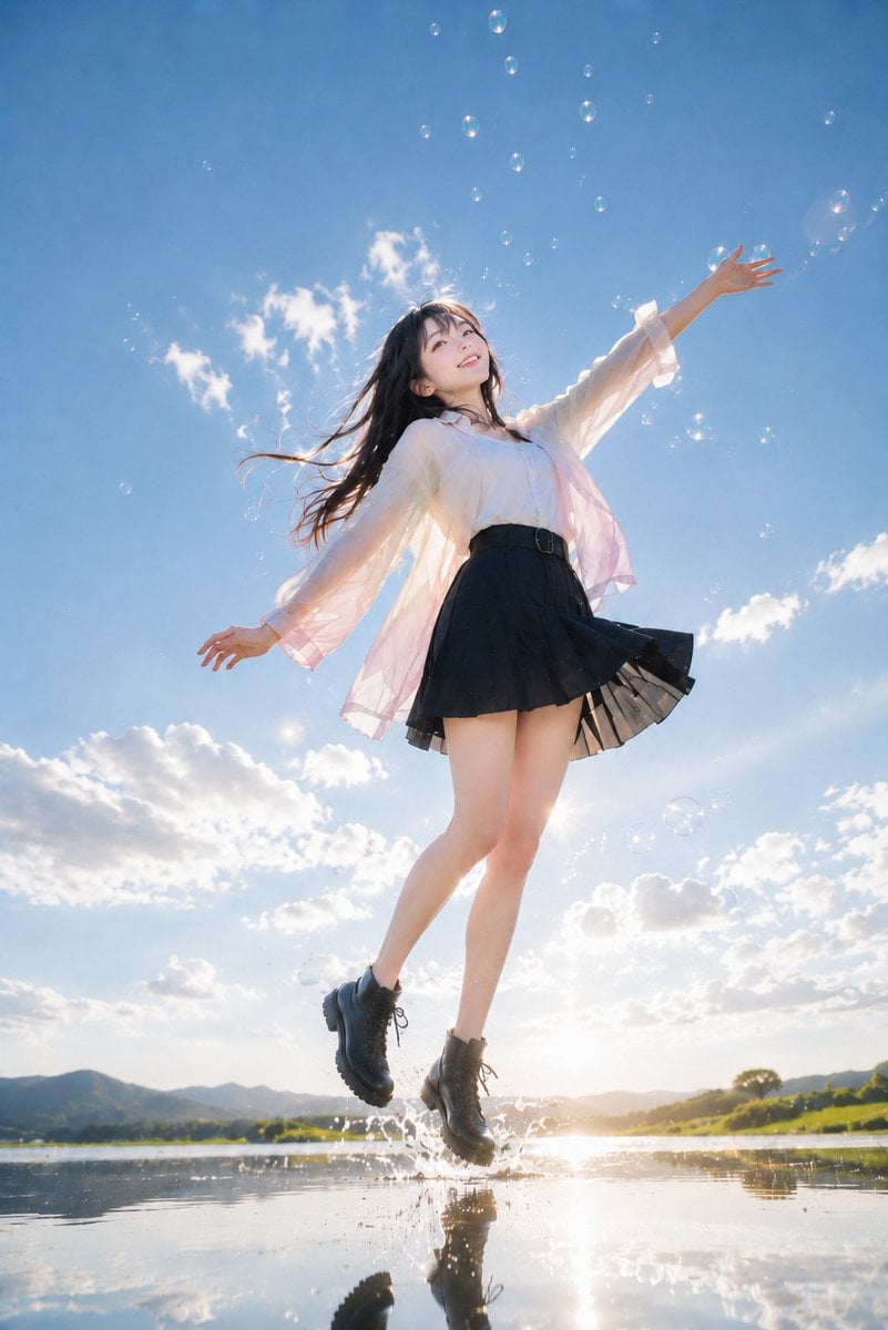 主題： 朝へ跳ぶ 人物・表情： 20代女性。少女のような軽やかさと、大人っぽい清潔感をあわせ持つ顔立ち。長い黒髪は朝の風でふわりと後方へ流れ、…