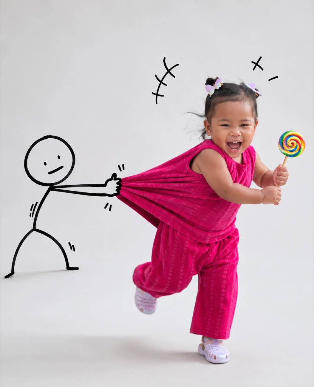 A playful, high-key studio portrait of [subject] running joyfully acros… 1