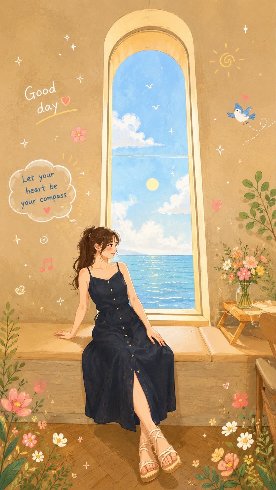 Transform this photo into a warm, soothing Folk Flat Illustration style… 2