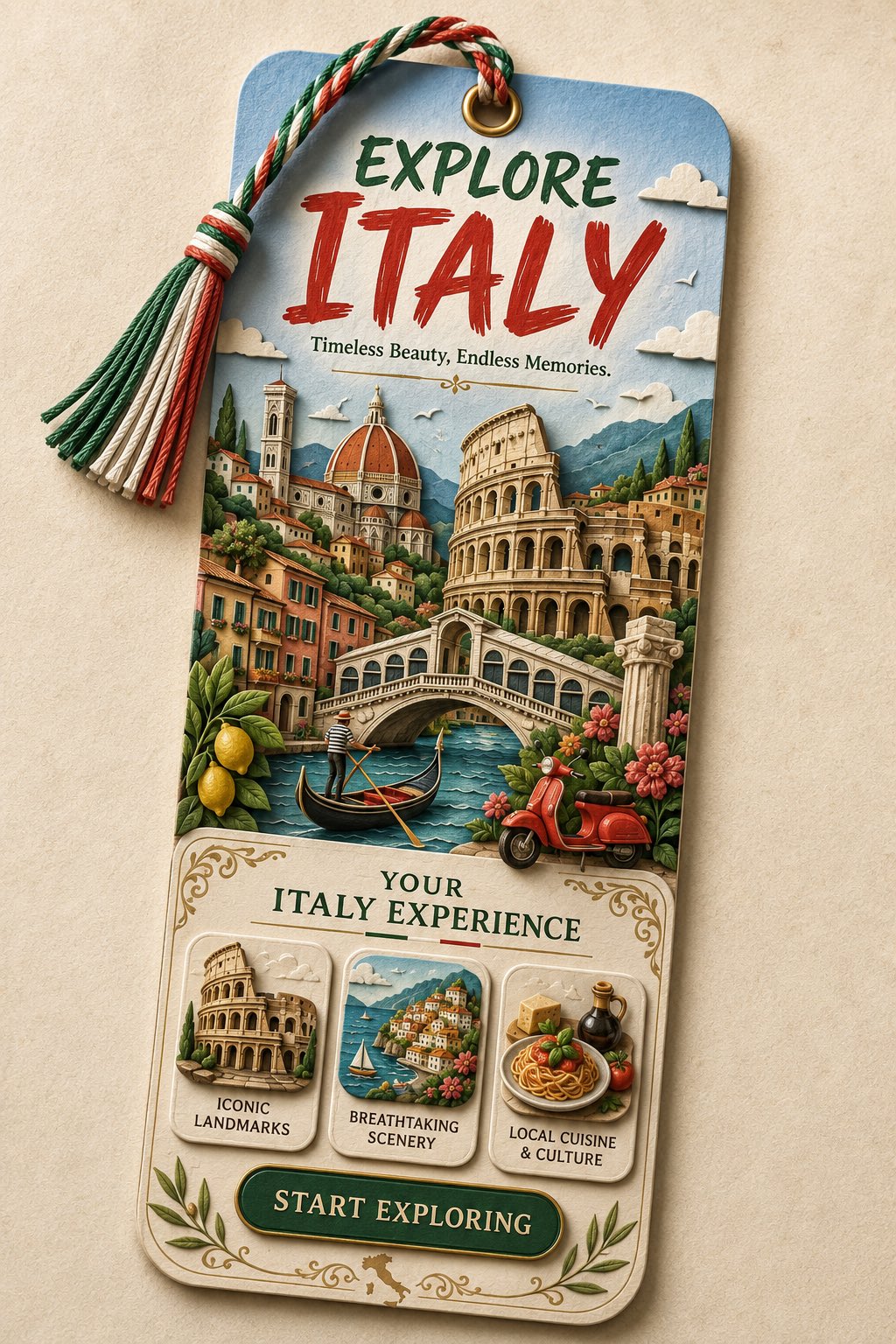 Create a premium vertical 2:3 collectible travel bookmark featuring {LO… 1