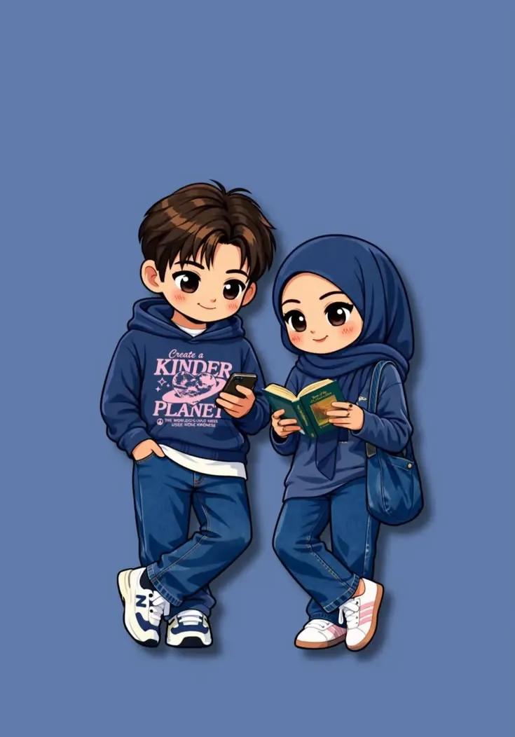 Adorable minimalist chibi Muslim couple, cute kawaii anime illustration… 3