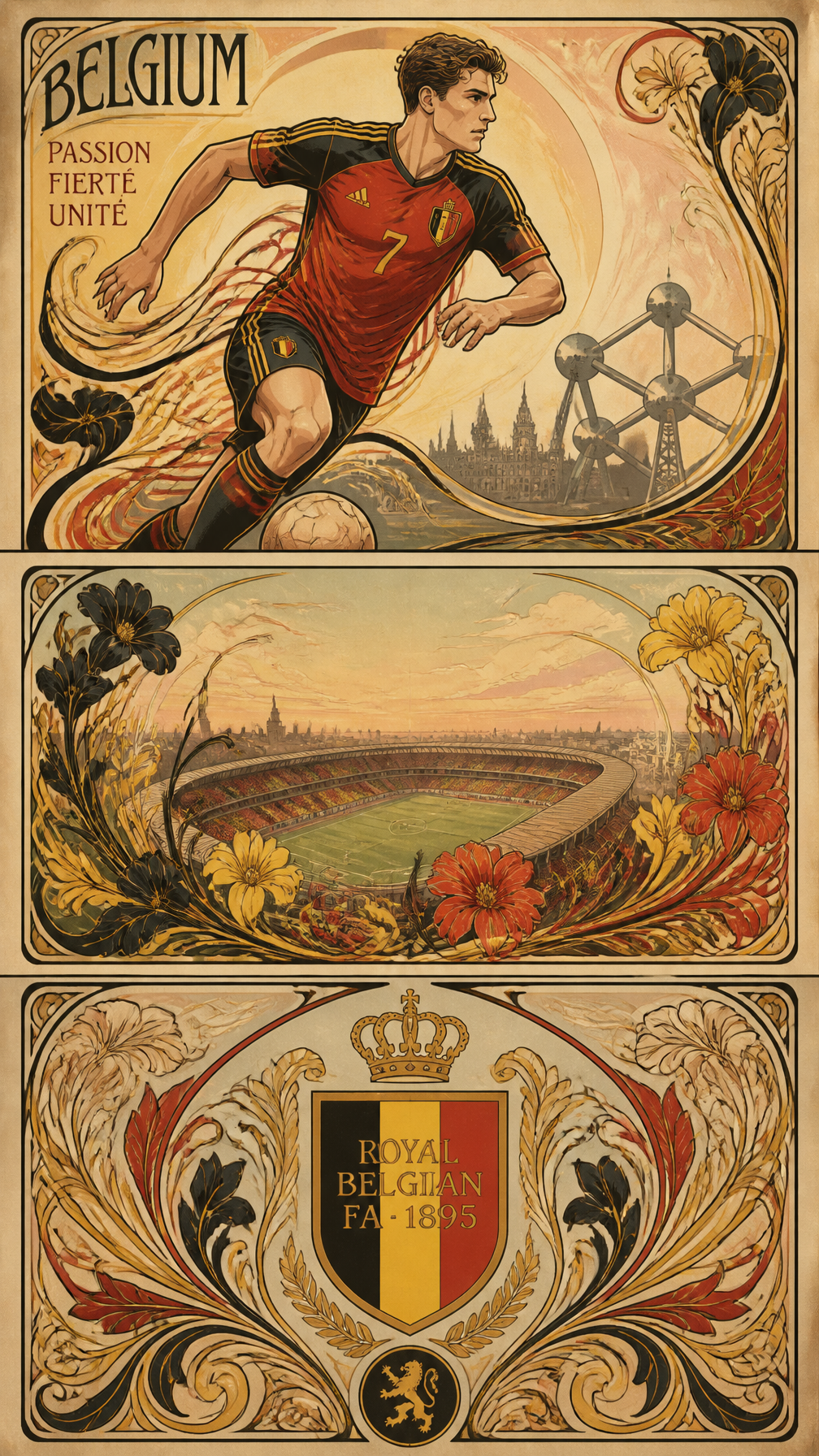 Belgium – Art Nouveau Poster Style Vertical 9:16 collage in 3 elegant A…