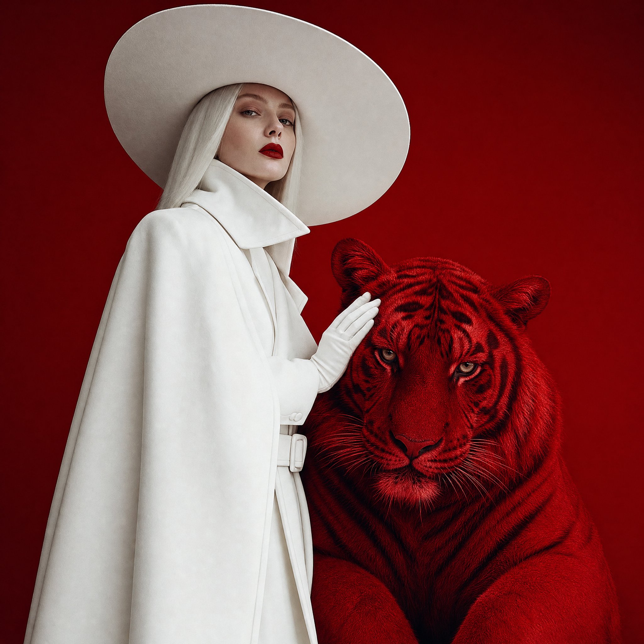 Surreal fashion editorial portrait, woman in full white wide-brim hat a…