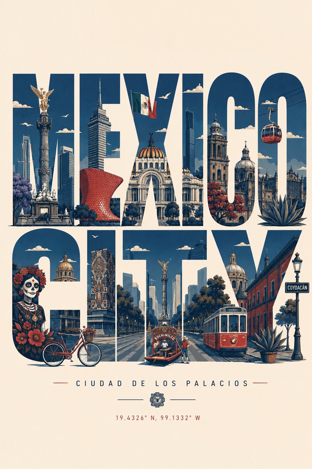 Create a clean, modern typographic travel poster where the city name it… 1