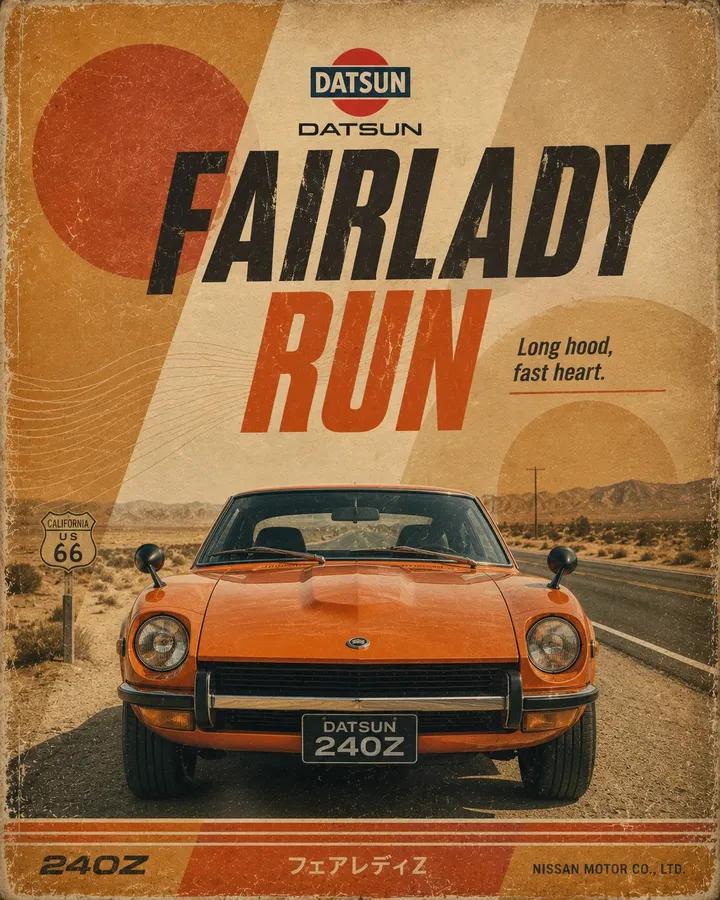Retro motorsport poster for [CAR], 4:5 vertical. Show a front-facing lo… 3