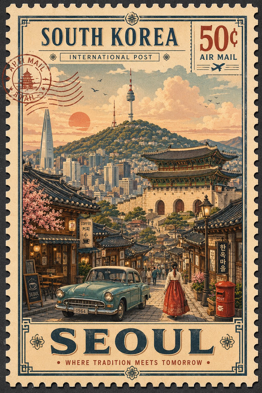 Create an ultra-detailed vintage postage stamp style travel illustratio…