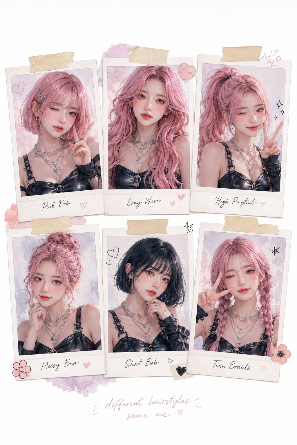Aesthetic scrapbook collage featuring six Polaroid-style portraits of t…