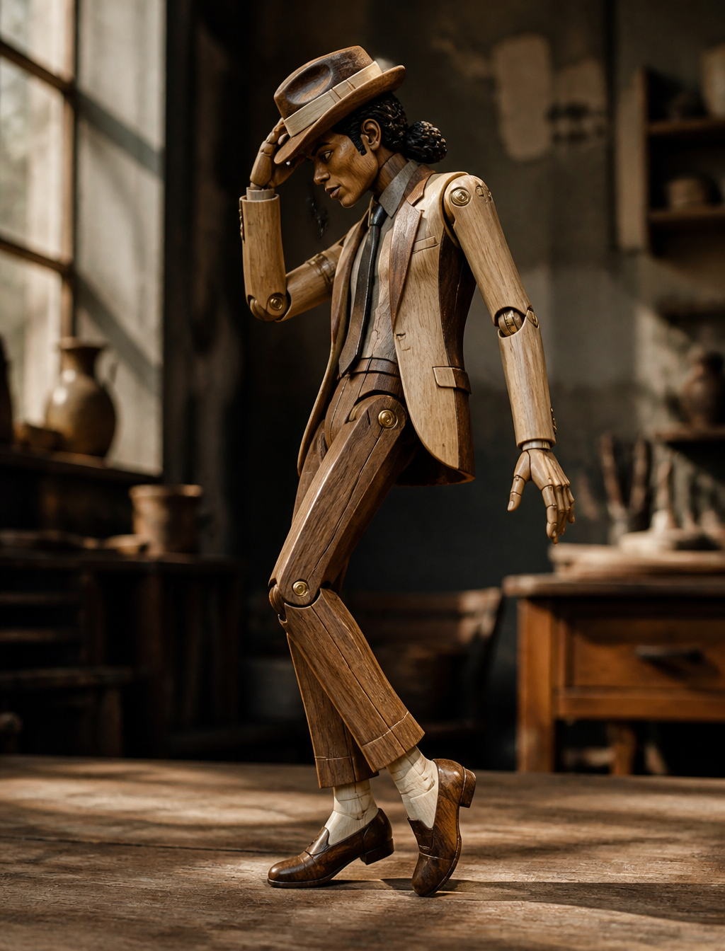 Subject and Movement: A delicate wooden automaton, depicting Michael Ja…