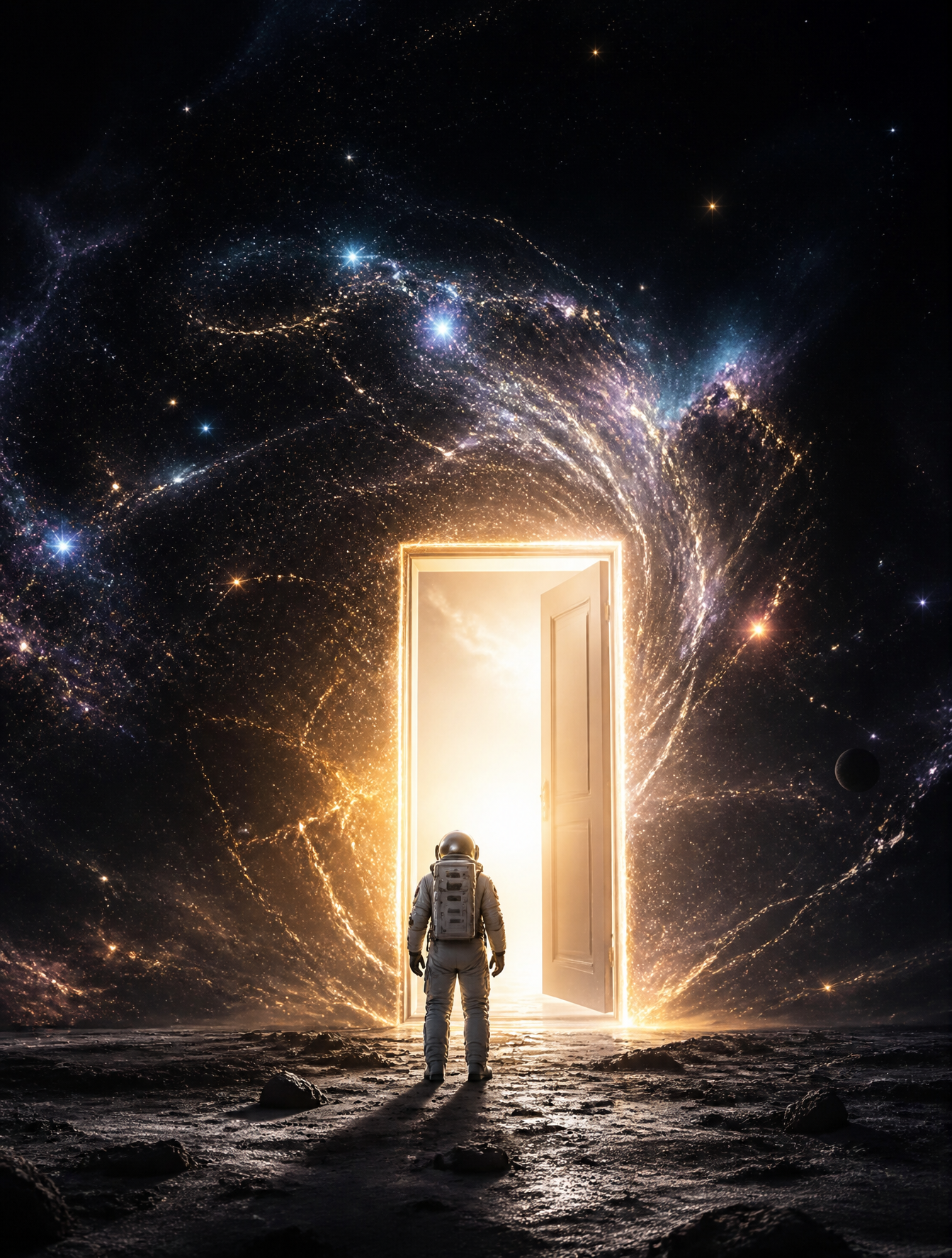 A lonely astronaut discovering a glowing door in the middle of the univ…