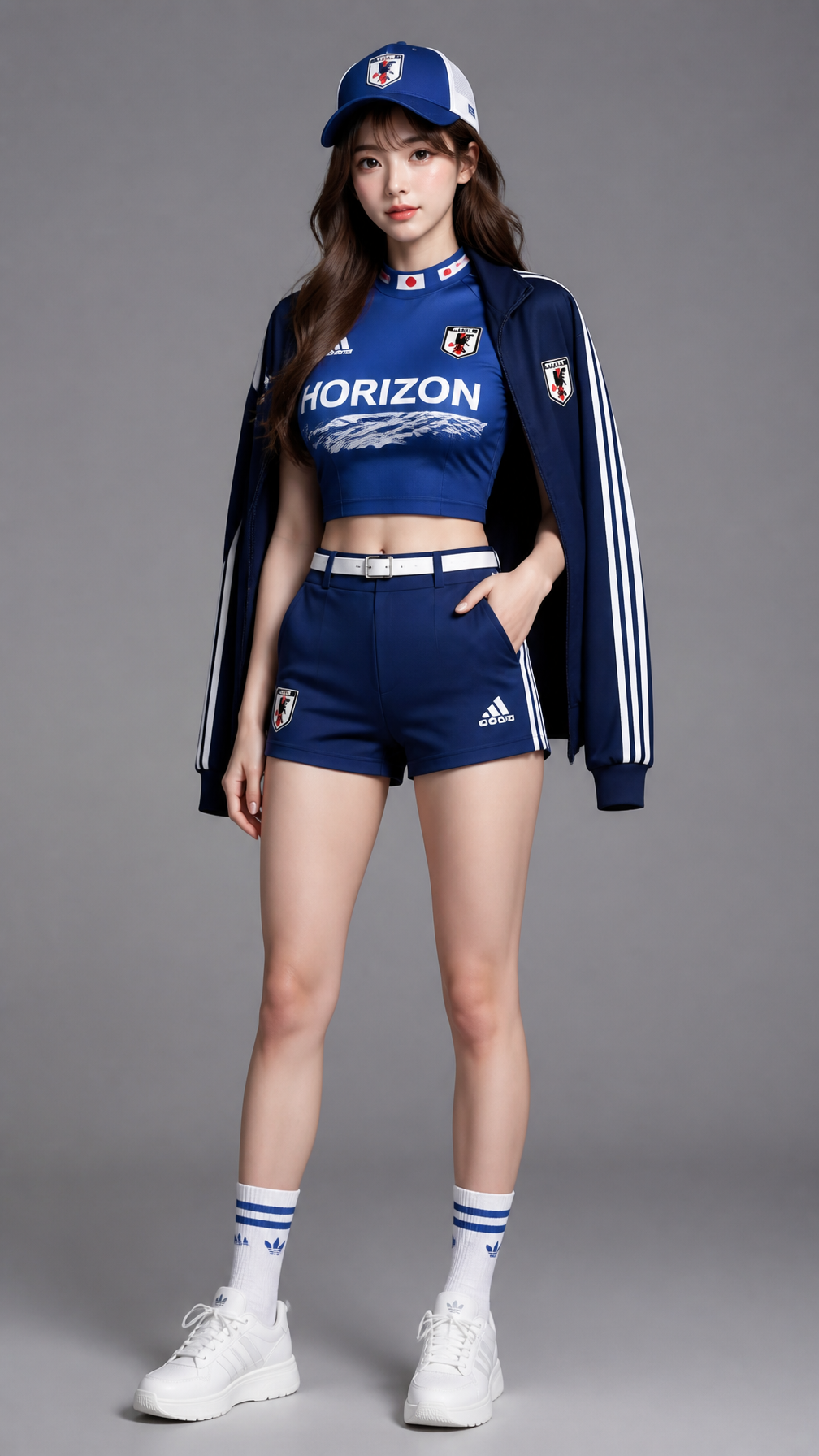 一位年轻女性的全身照，她留着棕色长发，身穿日本国家队2026年世界杯主场球衣风格的运动装：修身剪裁的"日本蓝"短款上衣，胸前饰有"HORIZO…