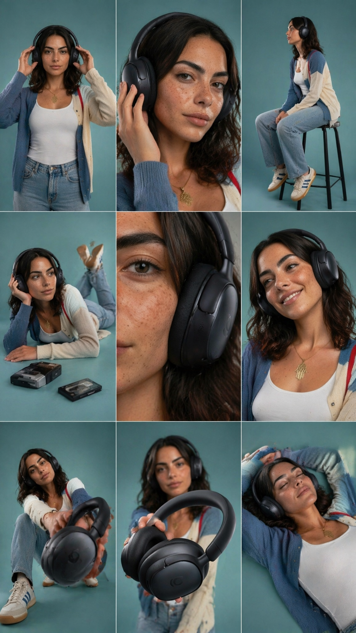 3×3 storyboard grid, nine panels, same subject and outfit, consistent t…