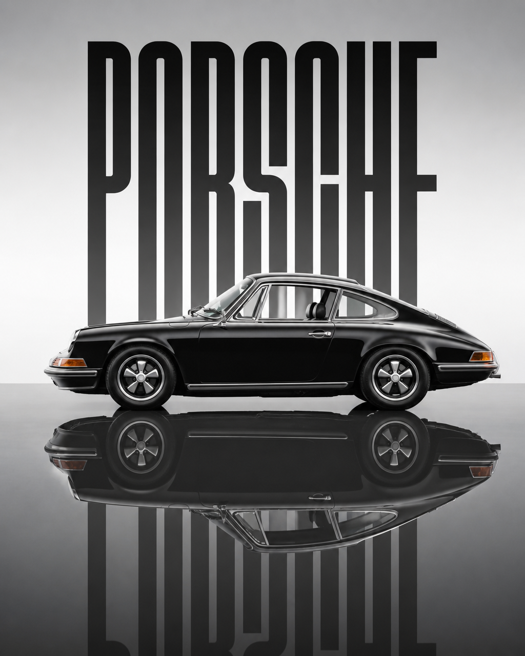 A pristine black 1969 porsche sits stationary on a dark, mirror-like re…