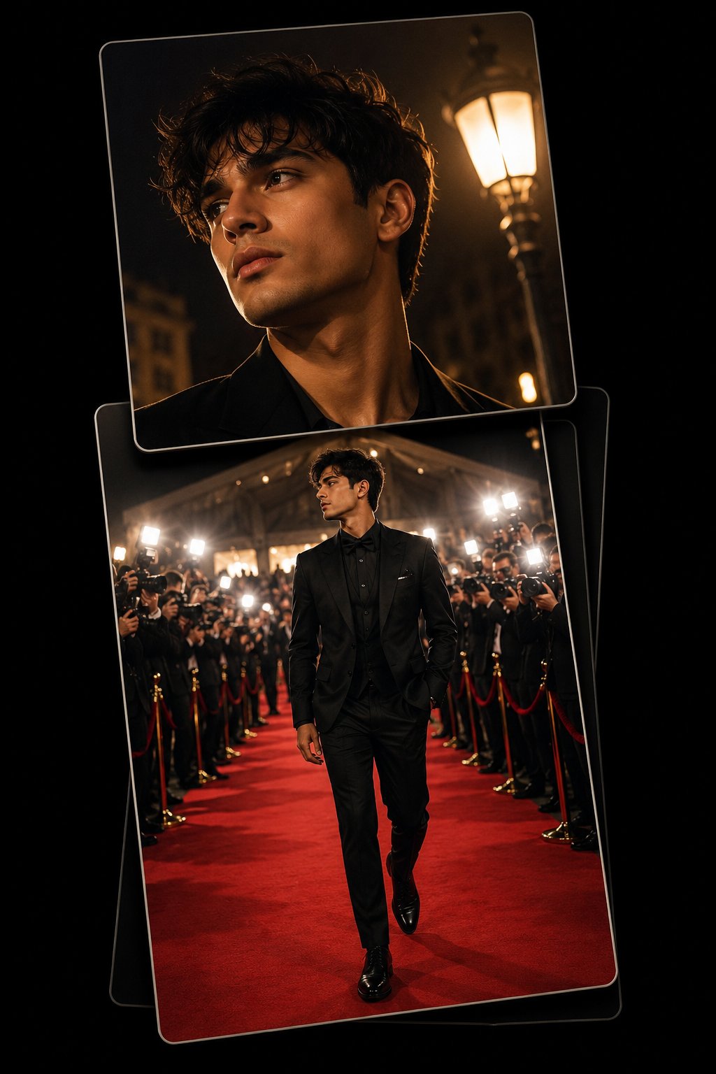 A professional 2-part photo collage with a pitch-black background, show… 1