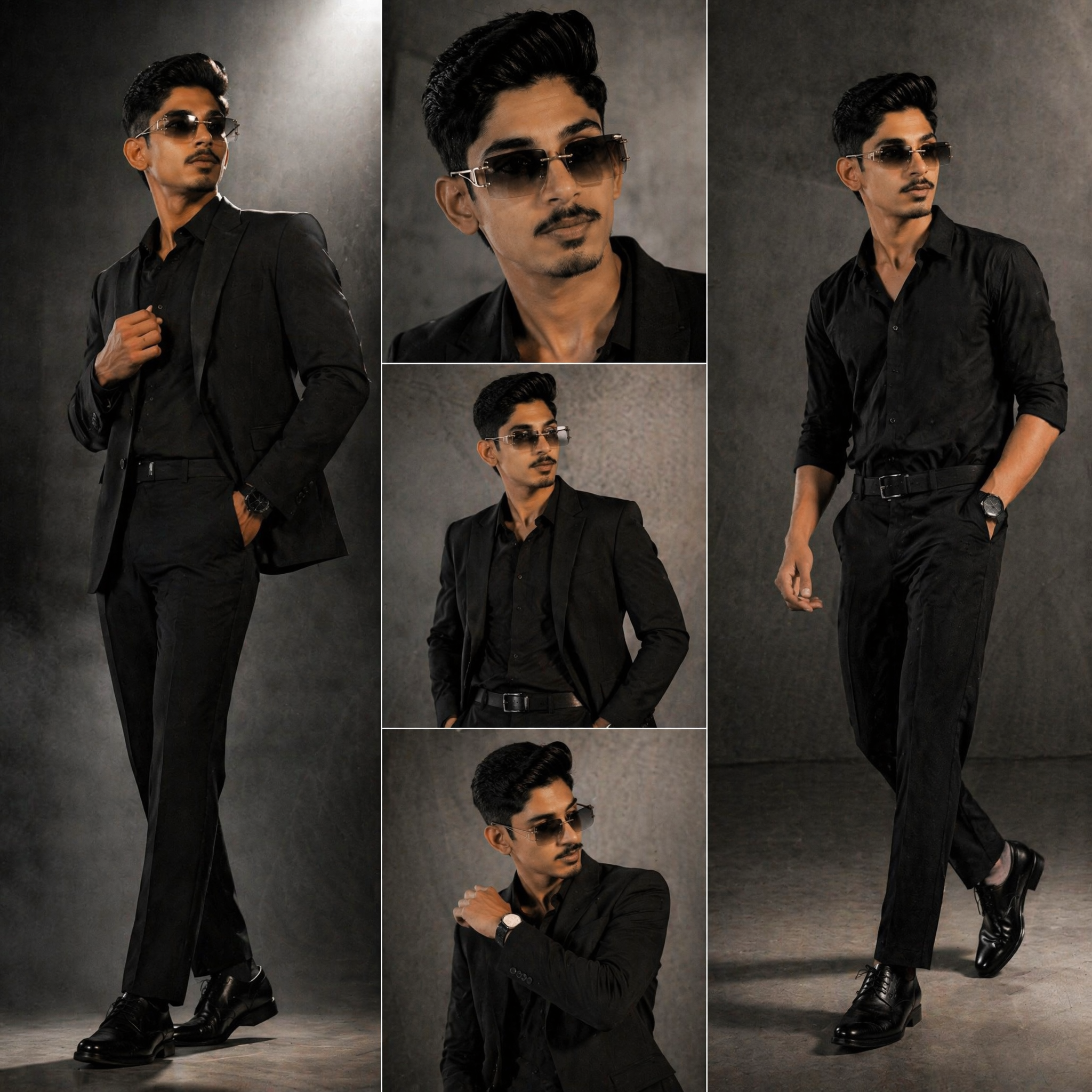 Aspect ratio 1:1. Luxury fashion editorial, three-panel composite layou…