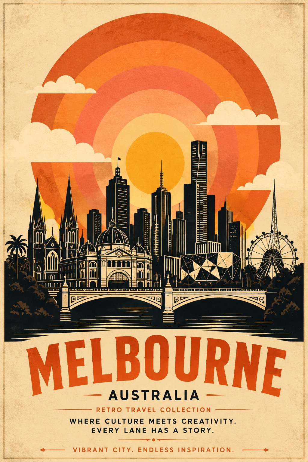 Create a premium vintage travel poster for [DESTINATION] in a timeless …