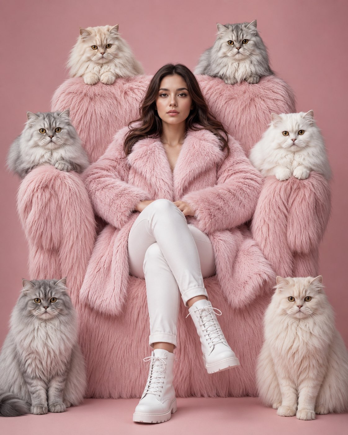 A luxury fashion editorial portrait of a confident young woman seated e…
