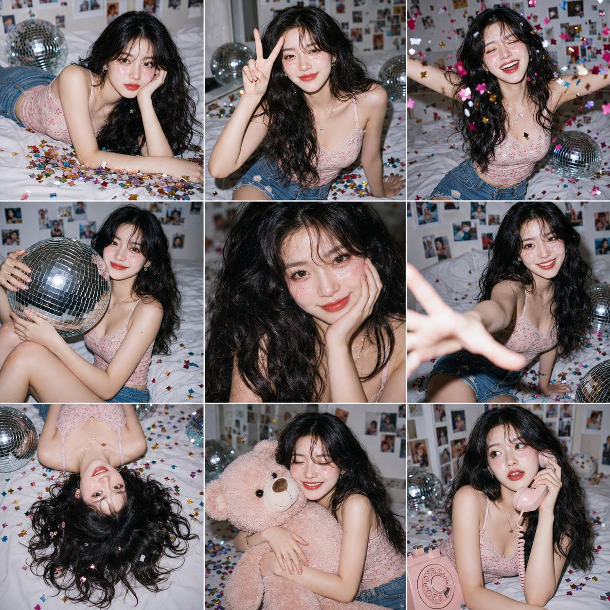 3×3 photo collage (9-panel grid), same cute young Asian woman in every …