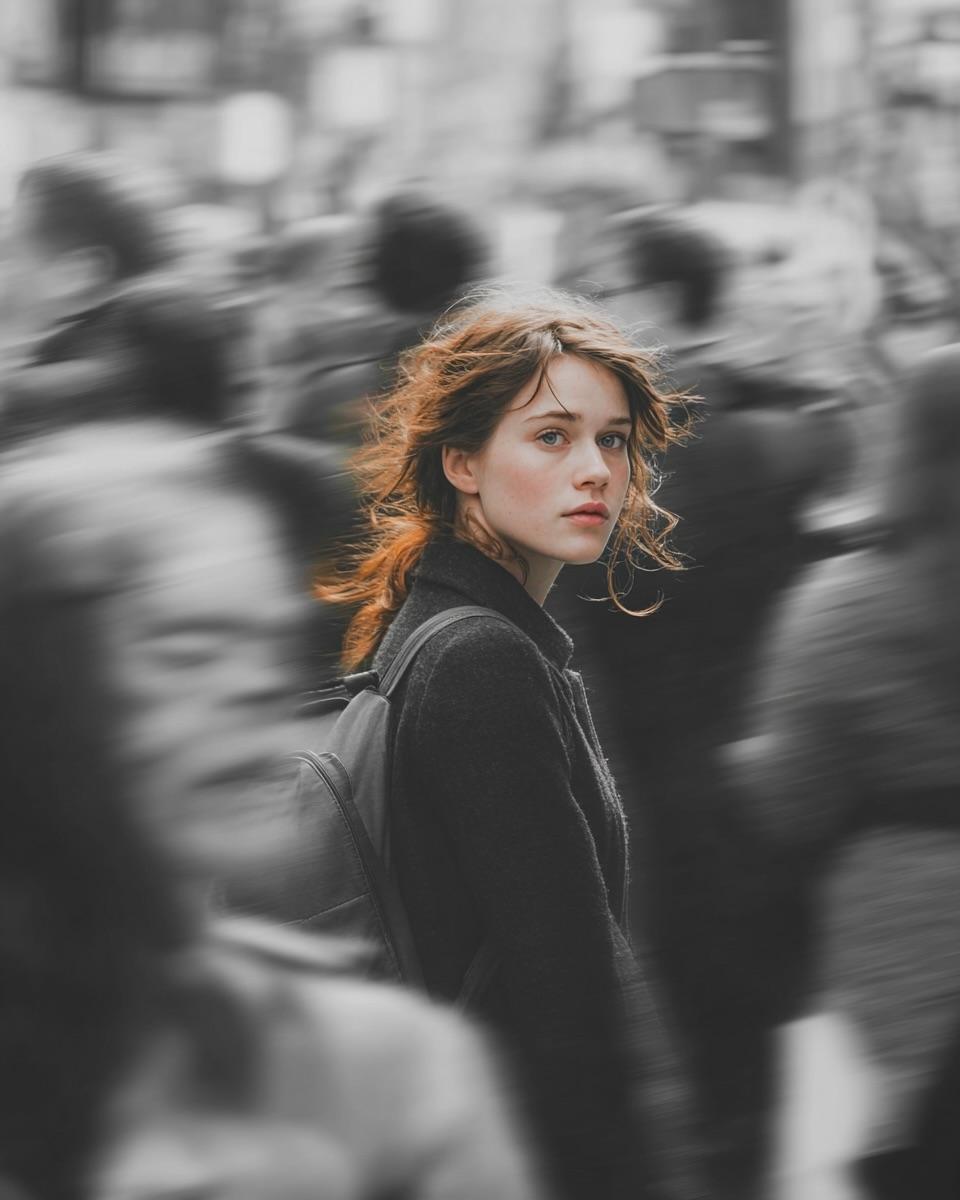A cinematic street portrait of a young woman walking through a crowded …