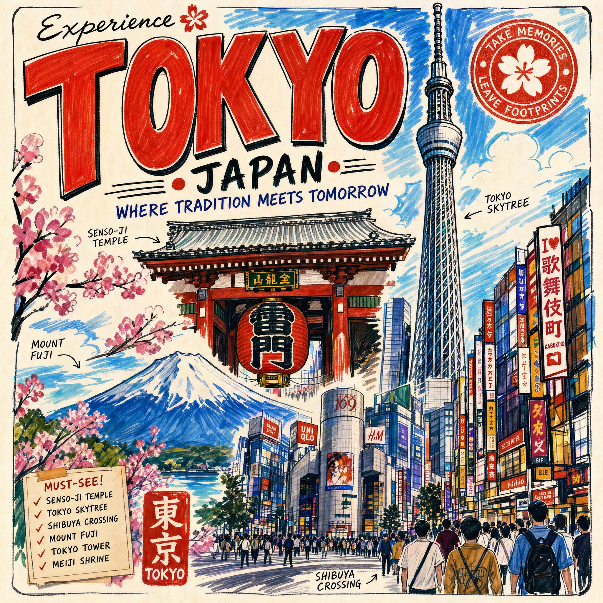 A tourist poster of [CITY / LOCATION] in vibrant marker art style, feat…