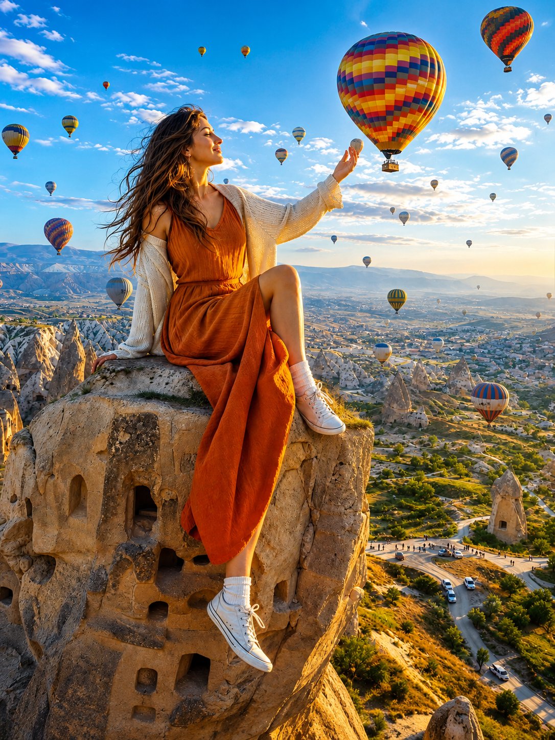 Create a surreal giantess travel photography scene featuring a beautifu…