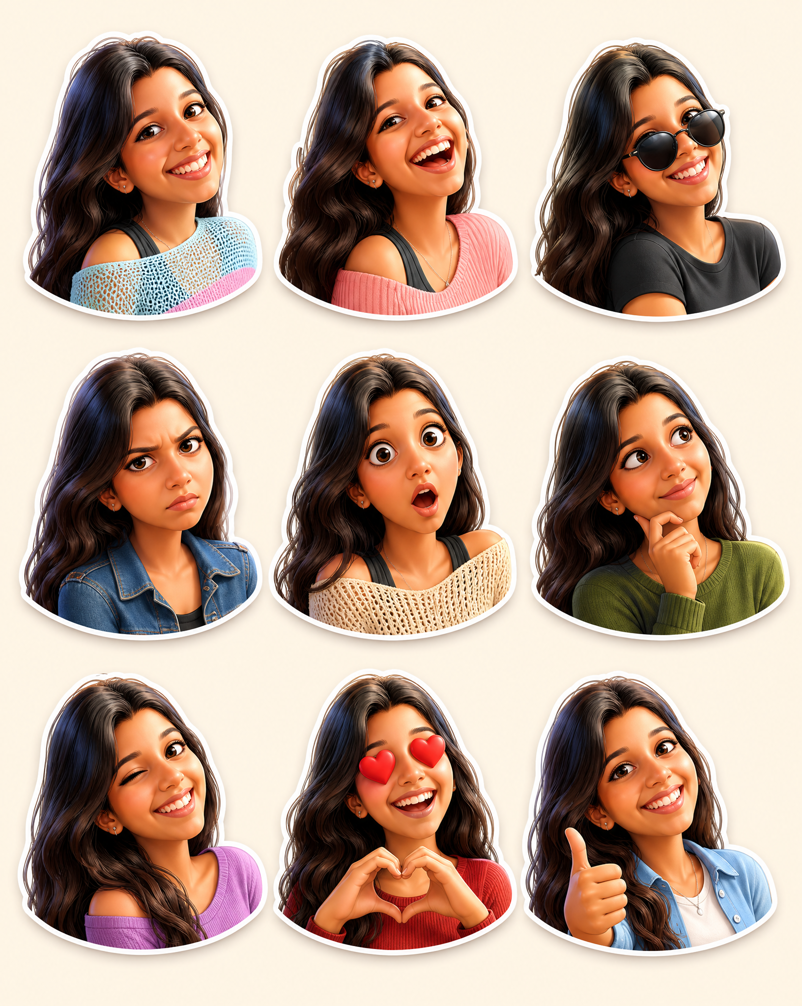 Create a premium Pixar-style 3D character sticker set that is clearly r…