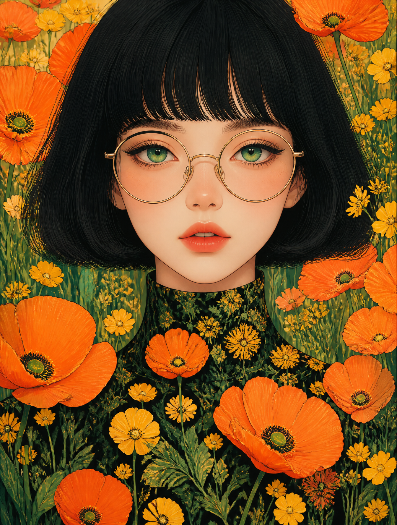 A stylized portrait of a young woman with a sleek, blunt-cut black bob …