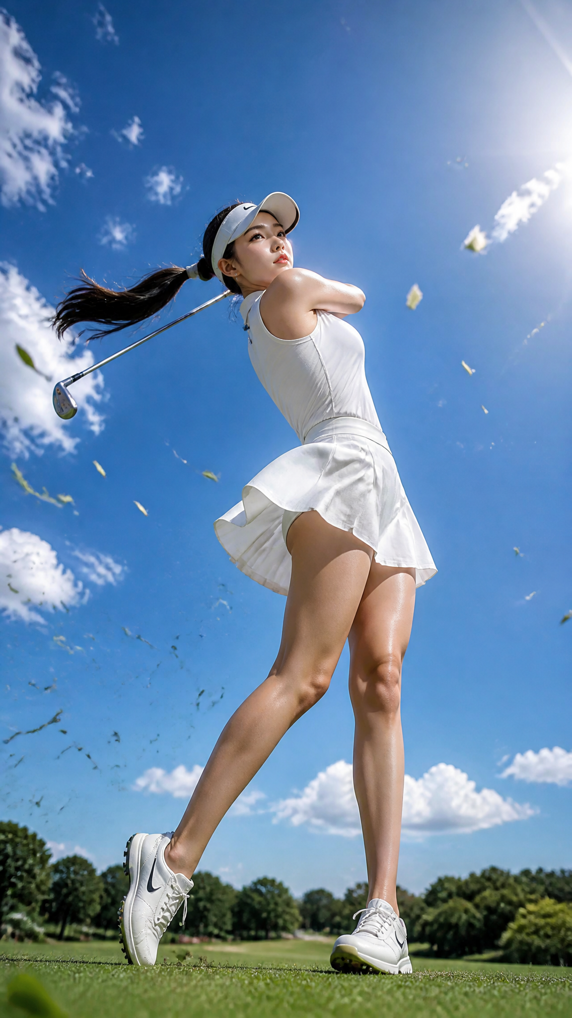 25岁东亚职业女性高尔夫运动员完成职业级收杆动作，身体完全展开，重心压向前脚，后脚脚尖轻点地面；双手高举完成收杆，球杆自然绕至肩后，形成极具压…
