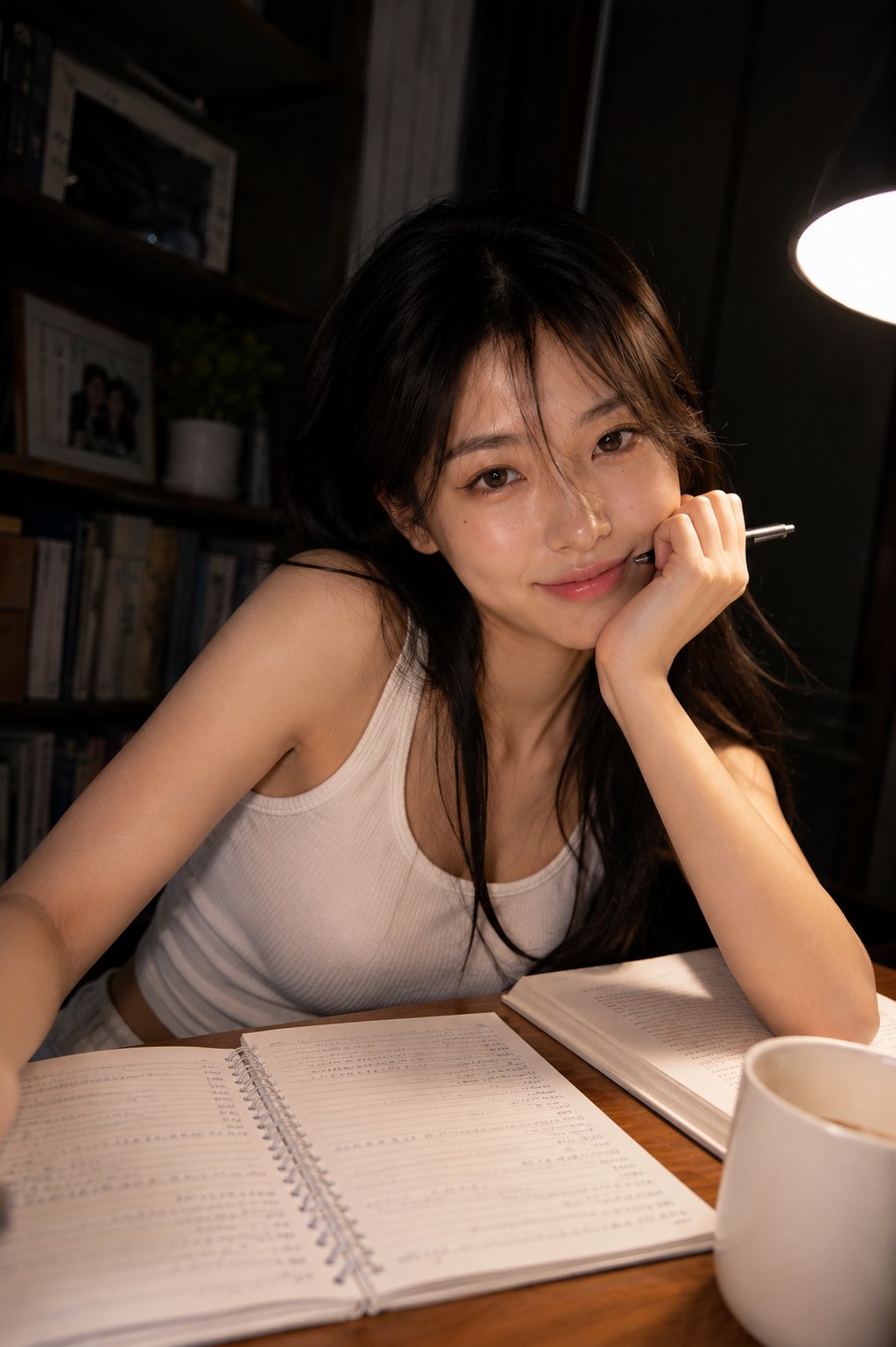 A candid late-night study room portrait of a beautiful young woman sitt… 1