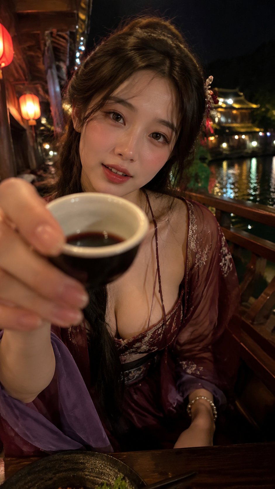 生成一张 9:16 竖版高清写实古风 POV 敬酒互动写真，主题是【场景 + 动作】。 画面要像朋友用手机在古风夜游途中近距离抓拍到的真实瞬间…