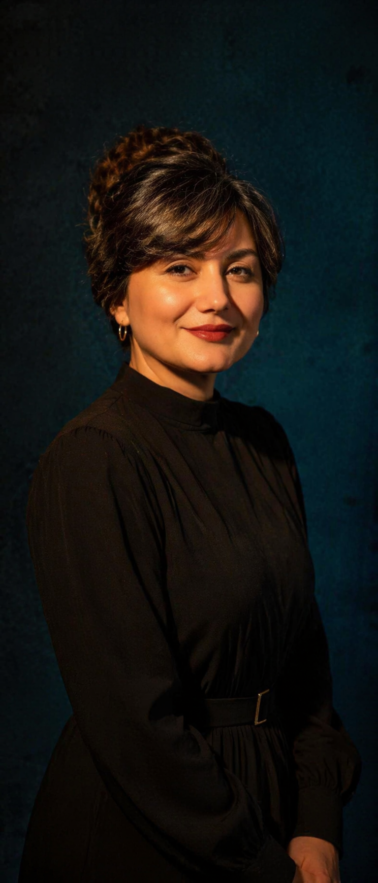 A studio portrait, medium shot of a woman. High-contrast lighting: warm…