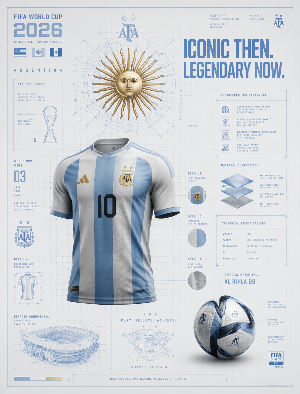 FIFA World Cup 2026 Argentina blueprint poster, ultra-detailed technica…