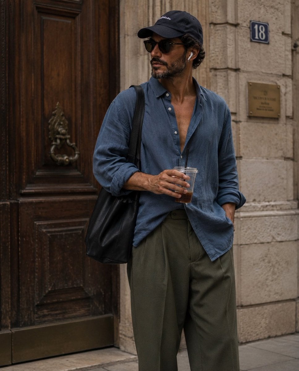 candid street-style fashion photograph of a stylish young man standing …