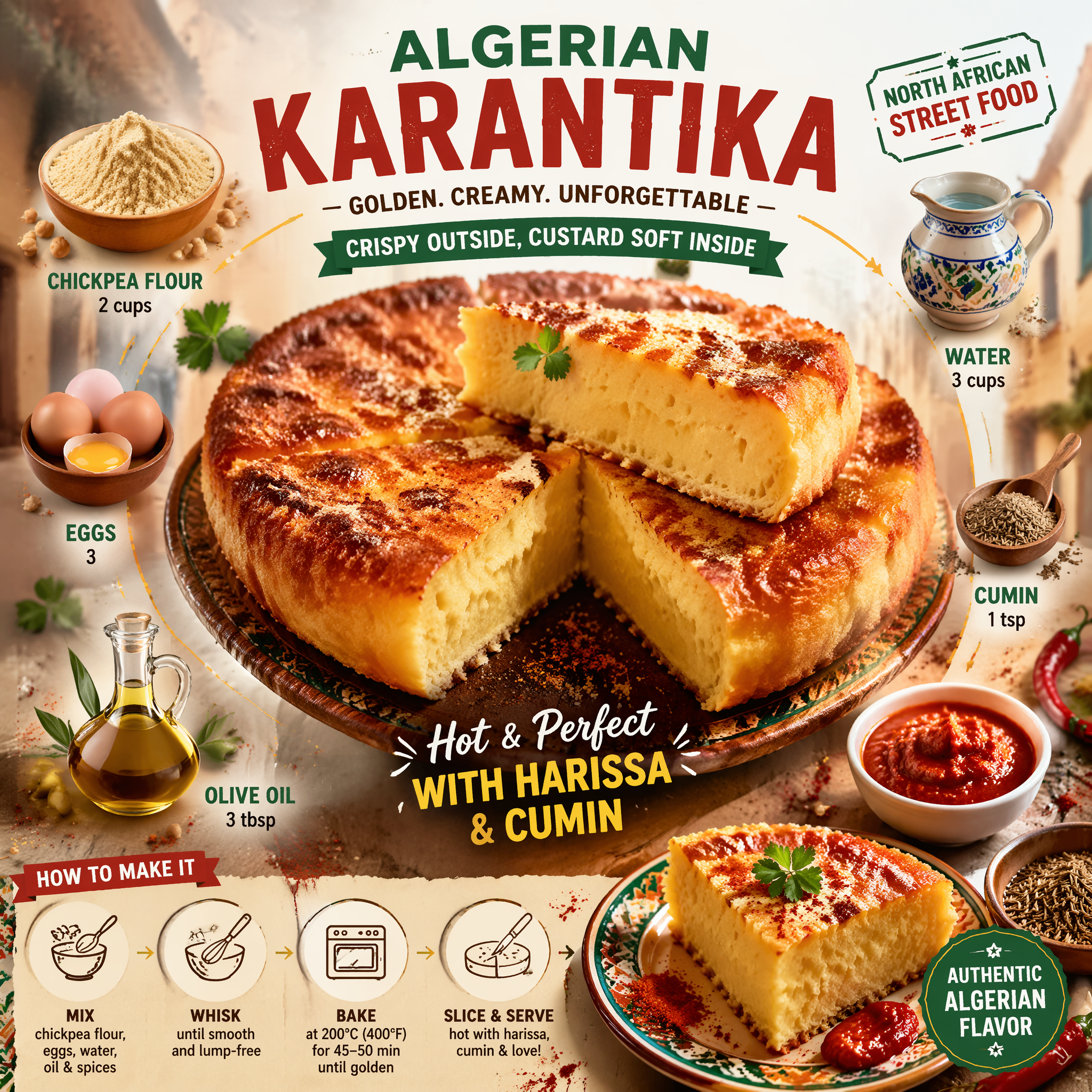 Ultra-viral recipe infographic.Showcase ALGERIAN KARANTIKA — a golden, …