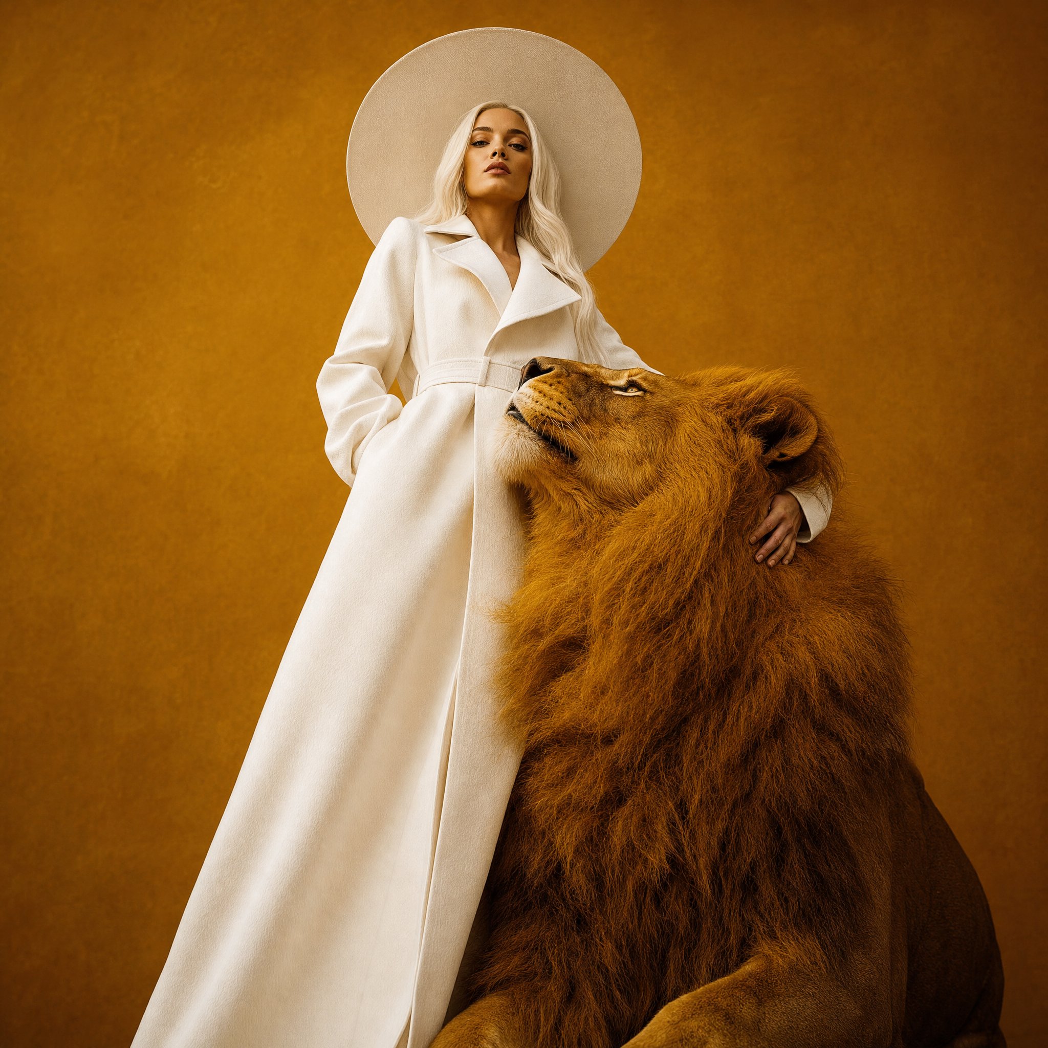 Surreal fashion editorial portrait, woman in full white wide-brim hat a… 1