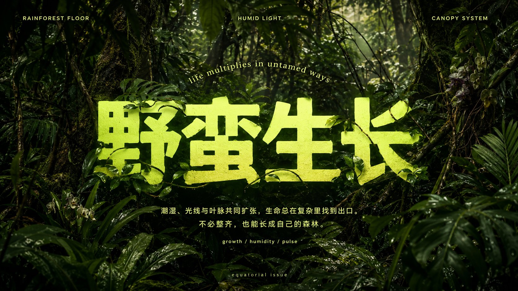 围绕任意主题对象生成一张具有密集自然肌理与文字融合机制的视觉作品：主题自身的材质、环境或文化符号铺满整个画面，形成近距离、层层交叠、细节丰富的… 1