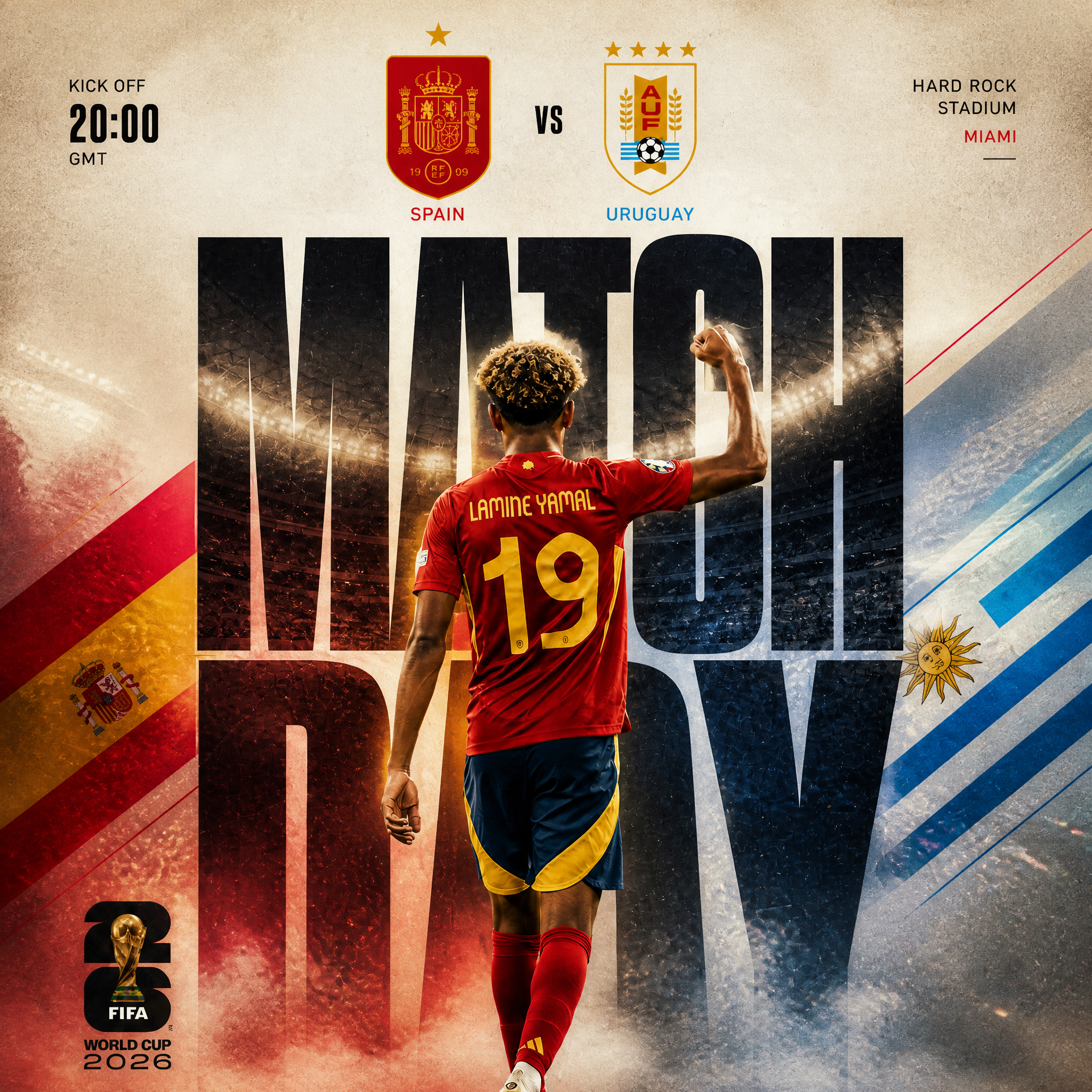 Dynamic football match day poster, Lamine Yamal viewed from the back we…