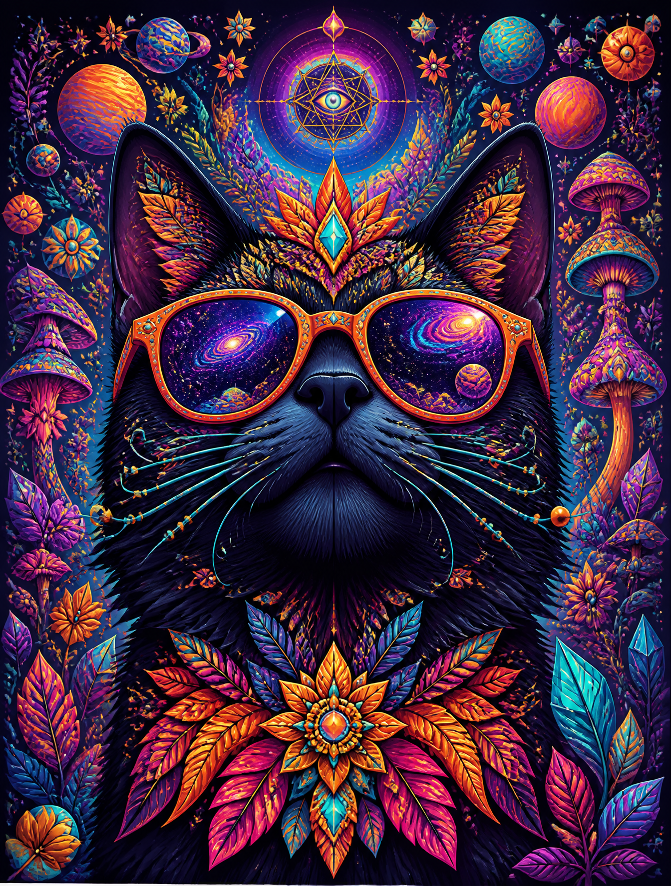 Ultra-detailed psychedelic vector illustration of a majestic black cat …