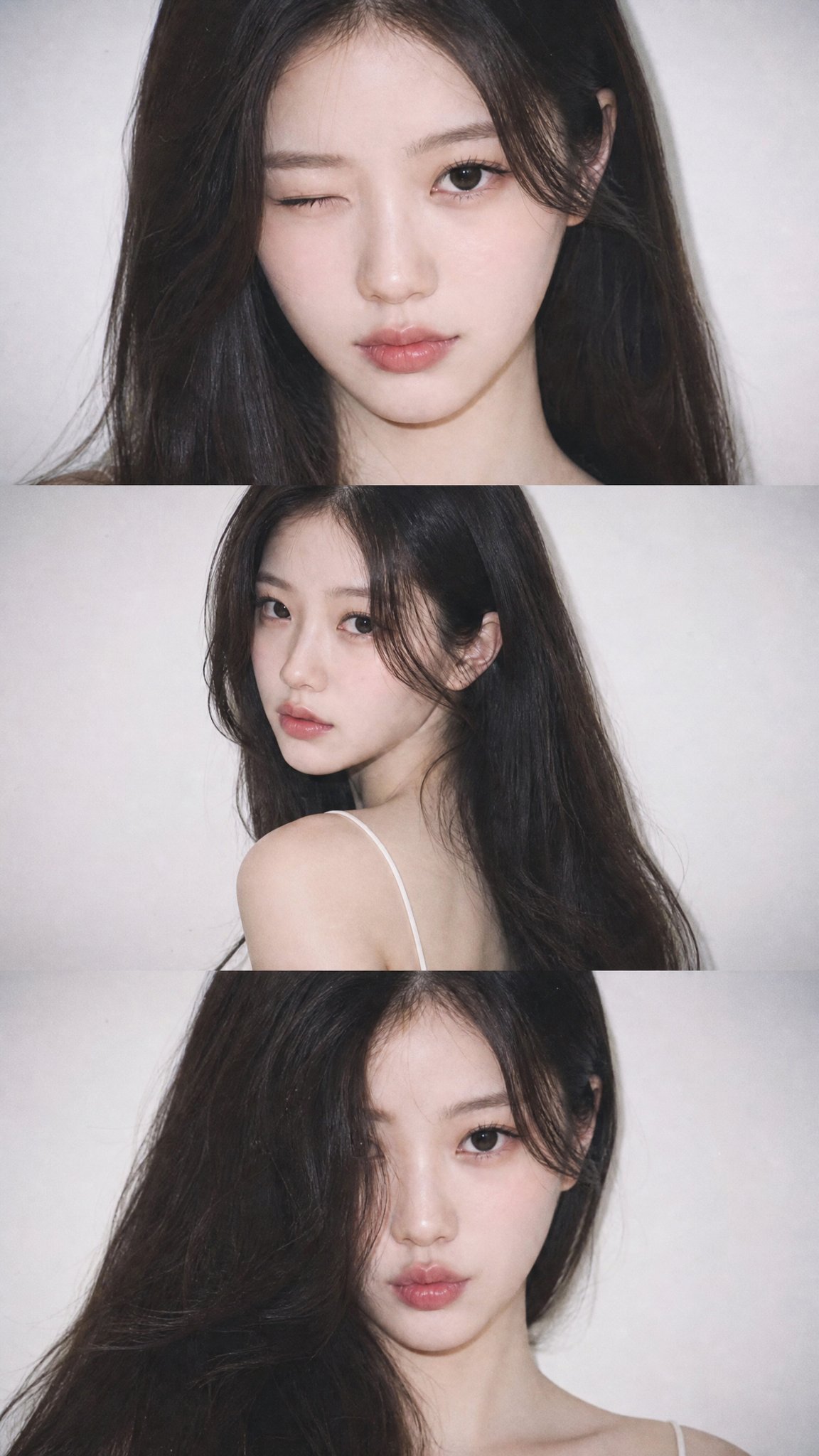 A vertical collage of three YZK photos. Using the uploaded selfie as th…