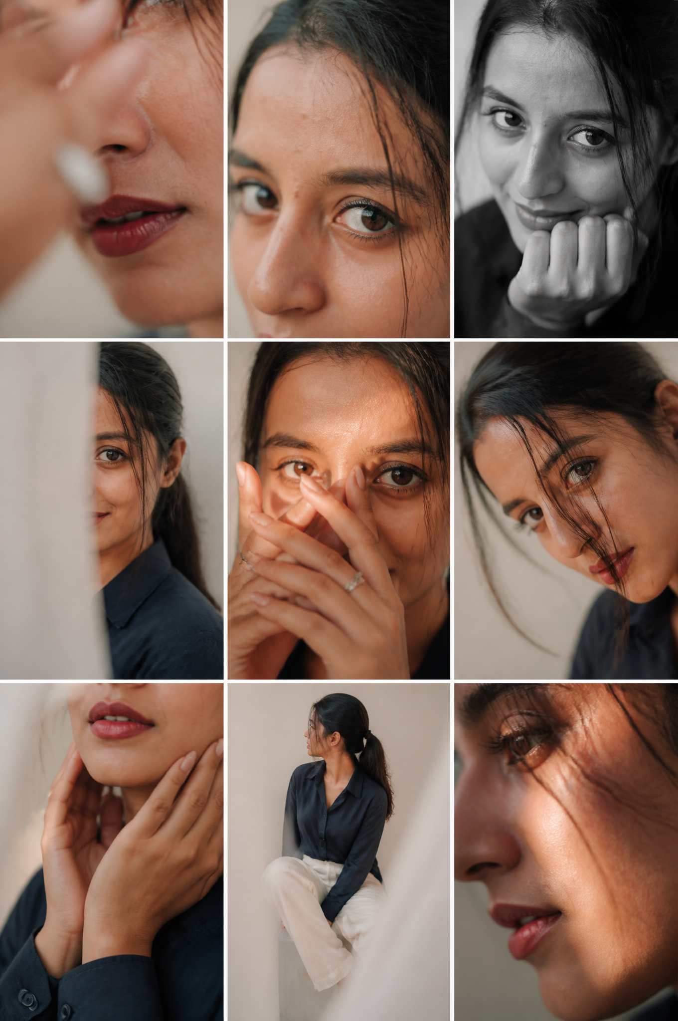 Editorial 3x3 photo grid in a clean soft beige studio. Character (match…