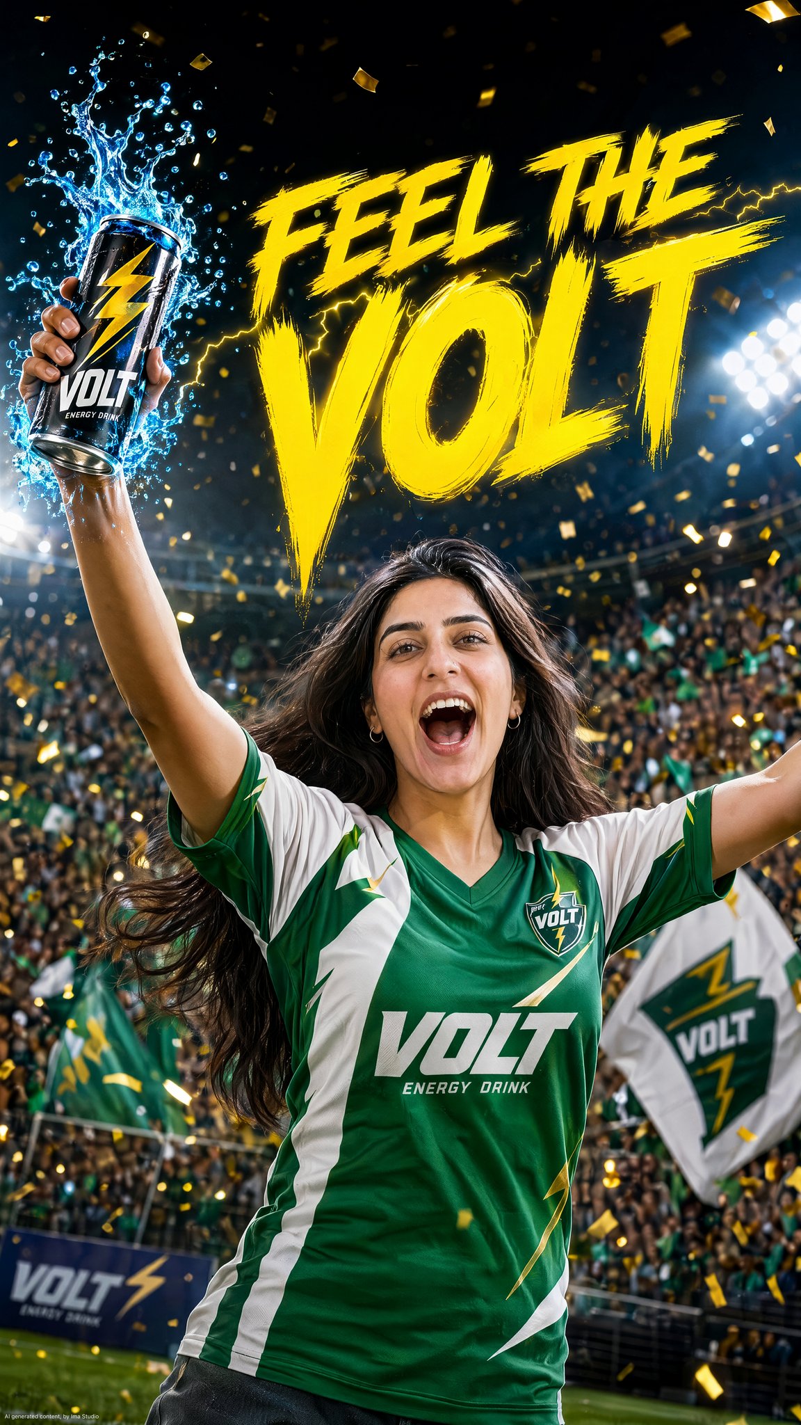 A beautiful young woman in a green and white football jersey is sitting…