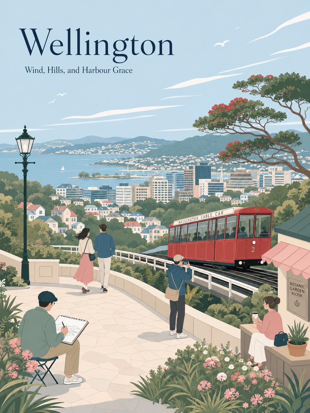 Create a minimalist travel poster illustration in a soft editorial flat… 3